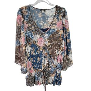 Venus Womens 1X Blouse Top Floral Print Boho Tank Underneath Flare Sleeve